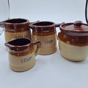 Vintage Stoneware Measuring Cups & Miniature Lidded Bean Pot